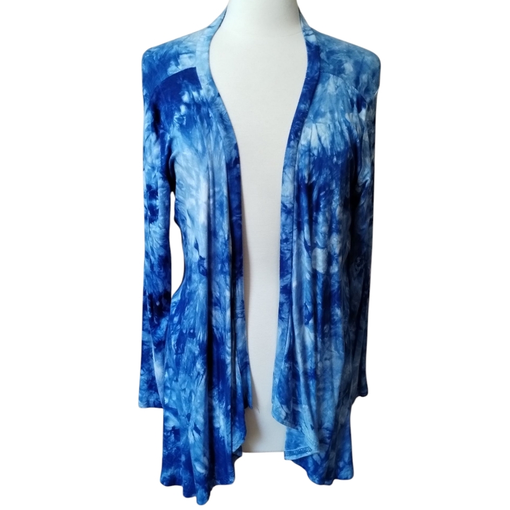 Ace Fashion Blue Tie-Dye Open Front Cardigan | Plus Size 2X Stretch